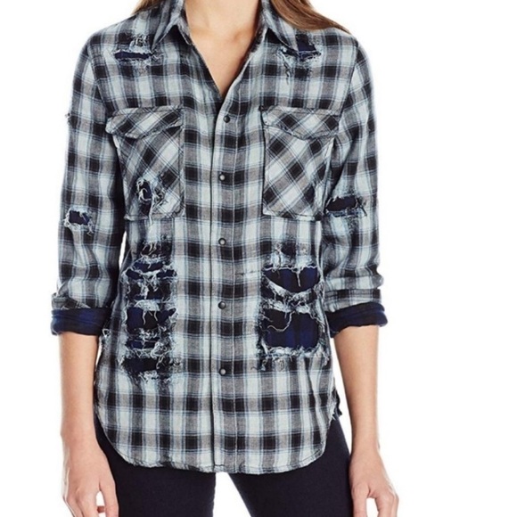 Nwt HUDSON Plaid Kari Distressed Button-Down Top - Picture 6 of 7